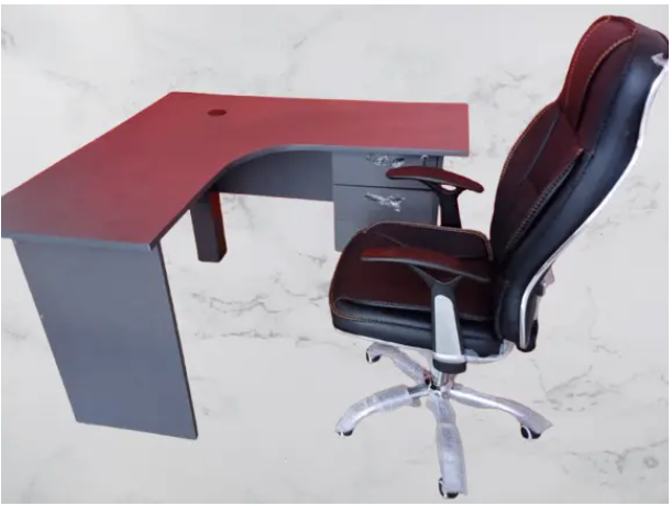 Grey L-Shaped Office/Study Desk & Premium Leather Office Chair – Perfect Combo for Comfort & Productivity.