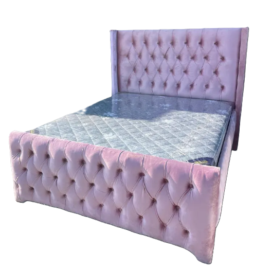 PROMOTION】Modern Chester Beds Velvet Bed Frame High Quality Durable Beds Vertical Panel Design with Golden Accents