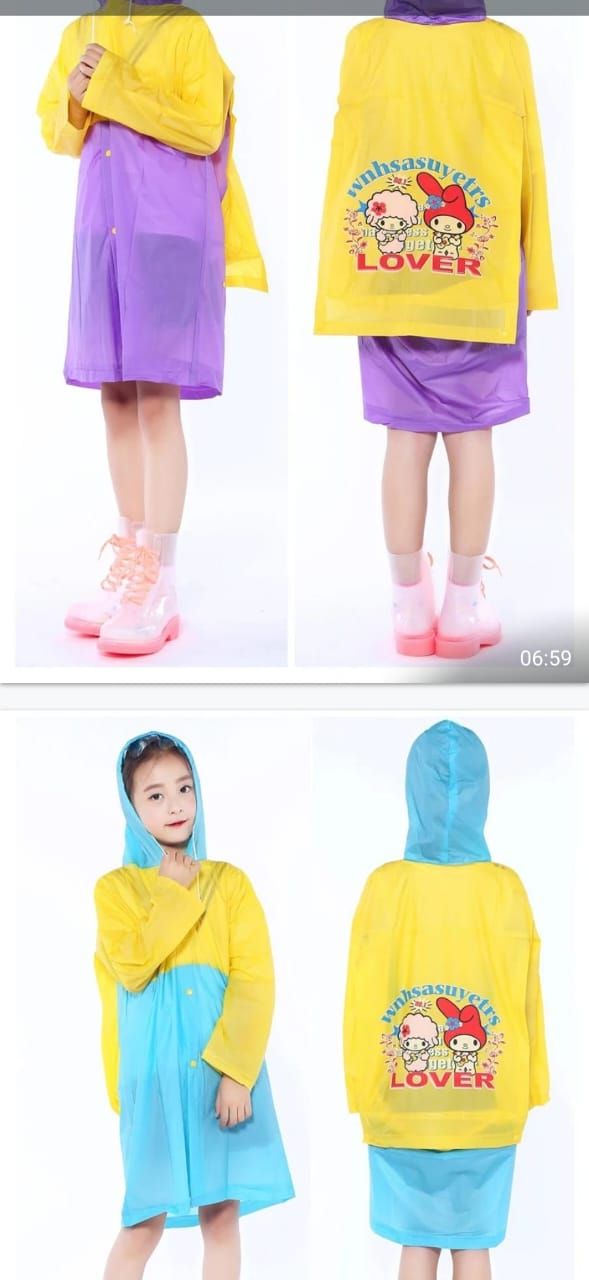 Kids/ pupils 100% Waterproof PVC Raincoat with Hood & School Bag Pocket – Portable Cartoon Design