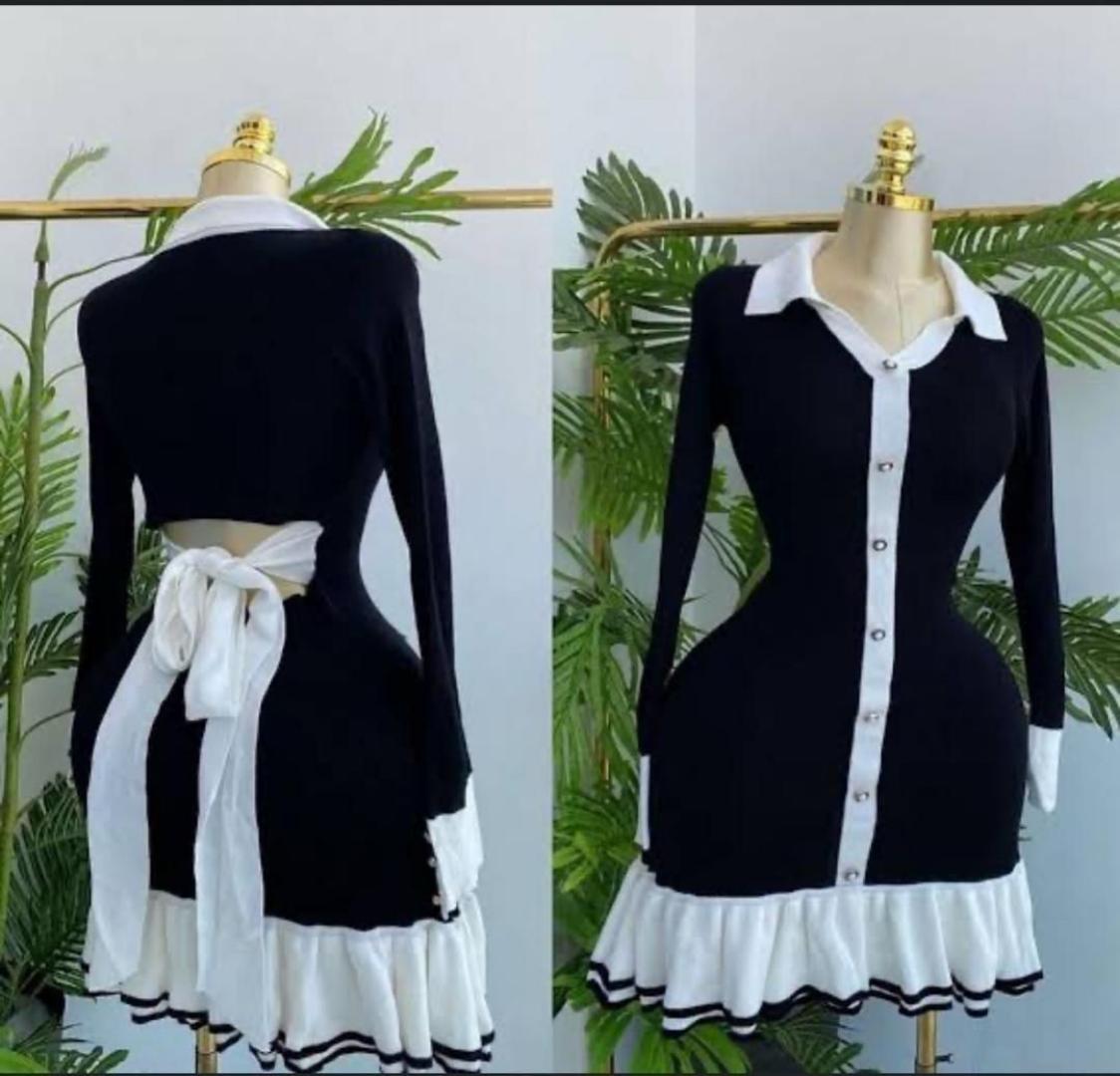 Women's Elegant Black & White Button-Down Ruffle Mini Dress