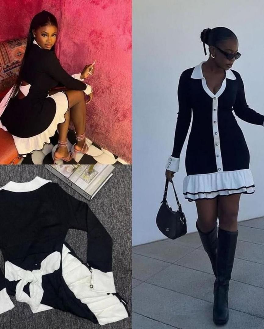 Women's Elegant Black & White Button-Down Ruffle Mini Dress