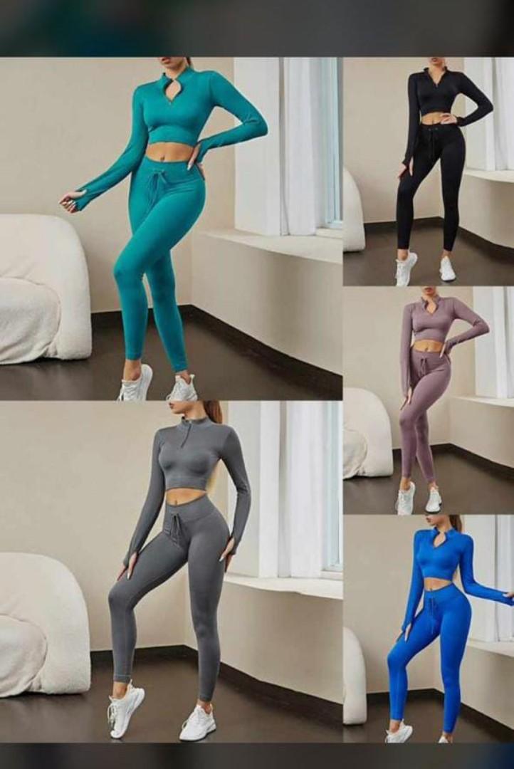 Two-Piece Women's Seamless Ribbed Activewear Set – Long Sleeve Crop Top & High-Waist Leggings