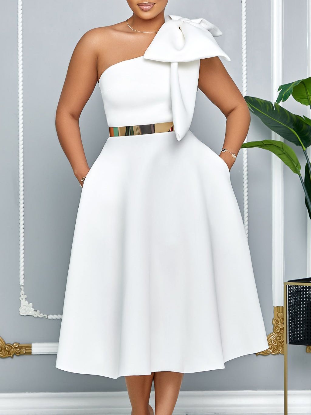 Women's 2025 Summer Off Shoulder Sleeveless Stretch Dress - Elegant Bow Detail Flowy Full Skirt Midi Length - Chic Work to Party Gown for Wedding Guest, Evening Events & Office Formal Wear﻿