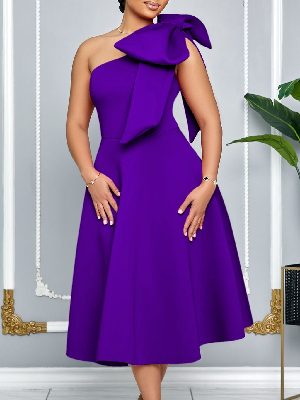 Women's 2025 Summer Off Shoulder Sleeveless Stretch Dress - Elegant Bow Detail Flowy Full Skirt Midi Length - Chic Work to Party Gown for Wedding Guest, Evening Events & Office Formal Wear﻿