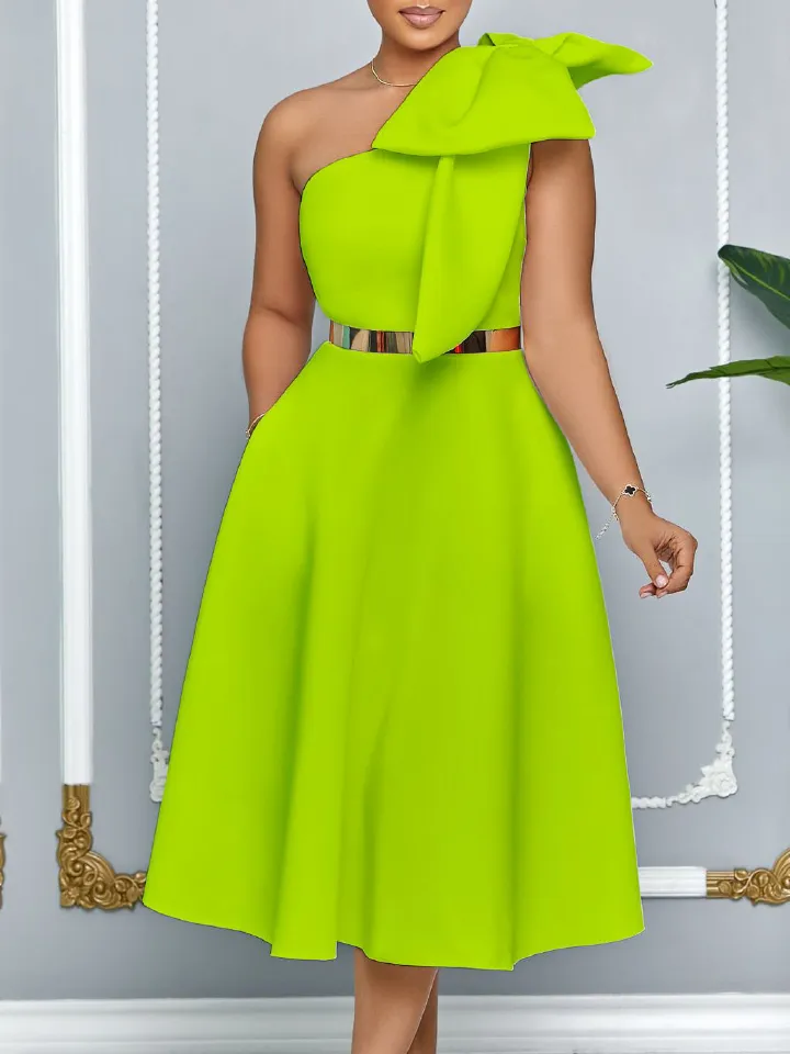 Women's 2025 Summer Off Shoulder Sleeveless Stretch Dress - Elegant Bow Detail Flowy Full Skirt Midi Length - Chic Work to Party Gown for Wedding Guest, Evening Events & Office Formal Wear﻿