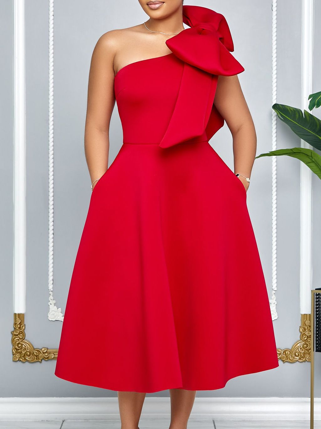 Women's 2025 Summer Off Shoulder Sleeveless Stretch Dress - Elegant Bow Detail Flowy Full Skirt Midi Length - Chic Work to Party Gown for Wedding Guest, Evening Events & Office Formal Wear﻿