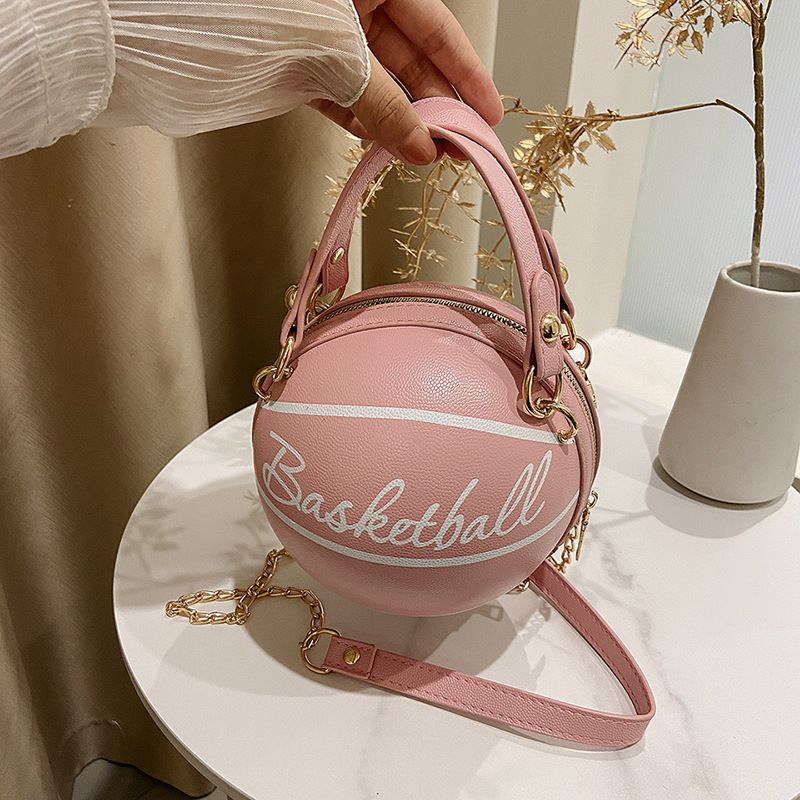 Letter chain personalized basketball small round bag, new fashion Korean version, western-style texture, simple women's shoulder bag