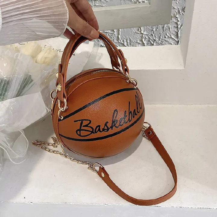 Letter chain personalized basketball small round bag, new fashion Korean version, western-style texture, simple women's shoulder bag