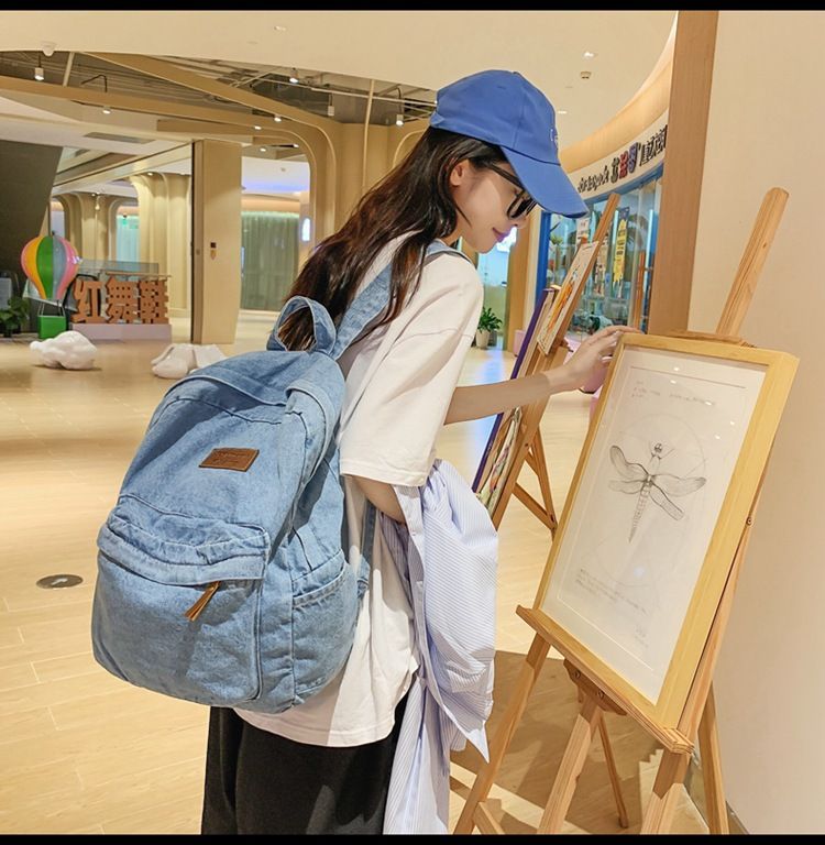 New backpack for boys, high school, large capacity, middle school, denim fabric for middle school students, Korean version, casual shoulder bag for girls