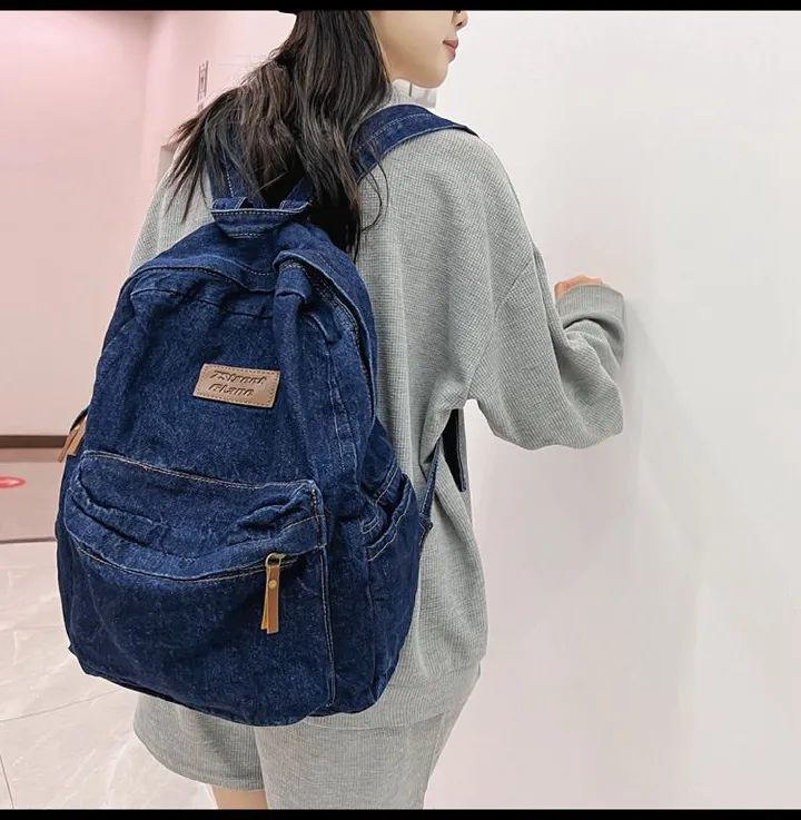 New backpack for boys, high school, large capacity, middle school, denim fabric for middle school students, Korean version, casual shoulder bag for girls