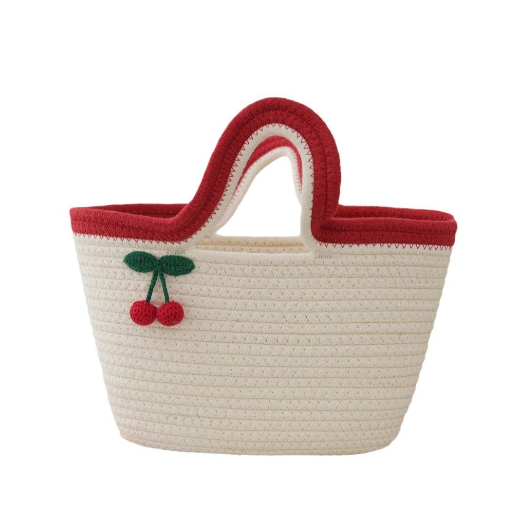 Cotton rope woven bag with gift basket for women, tote bag, cherry basket, colorful handmade basket