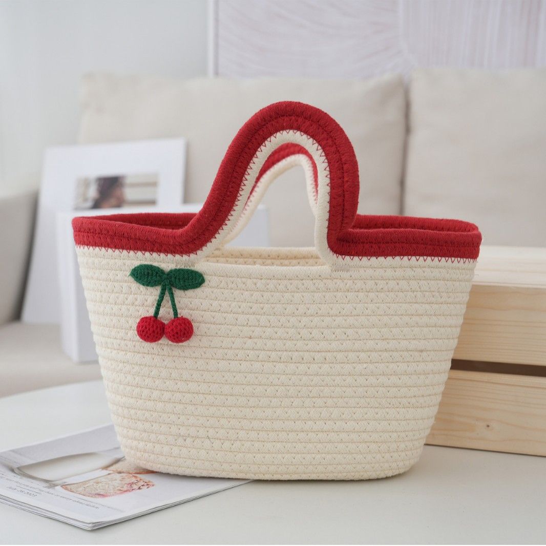Cotton rope woven bag with gift basket for women, tote bag, cherry basket, colorful handmade basket