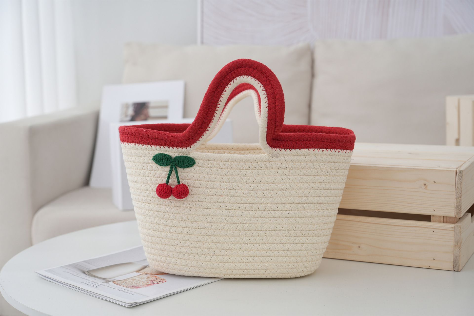 Cotton rope woven bag with gift basket for women, tote bag, cherry basket, colorful handmade basket