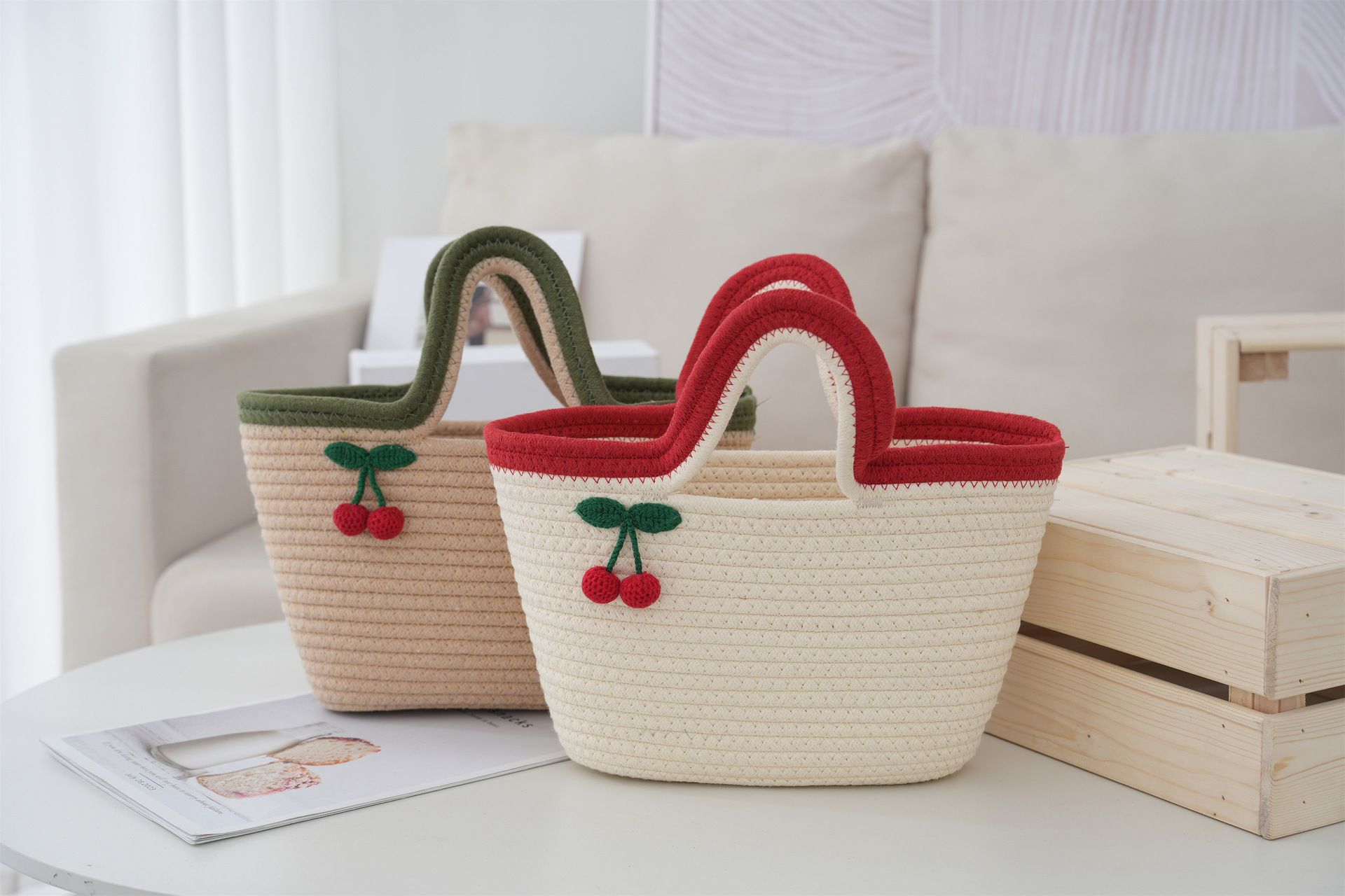 Cotton rope woven bag with gift basket for women, tote bag, cherry basket, colorful handmade basket