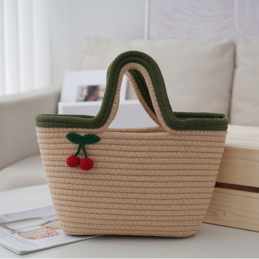 Cotton rope woven bag with gift basket for women, tote bag, cherry basket, colorful handmade basket