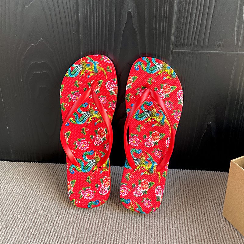 Red flower flip flops for women wearing summer new soft soled anti slip leopard print clip on sandals