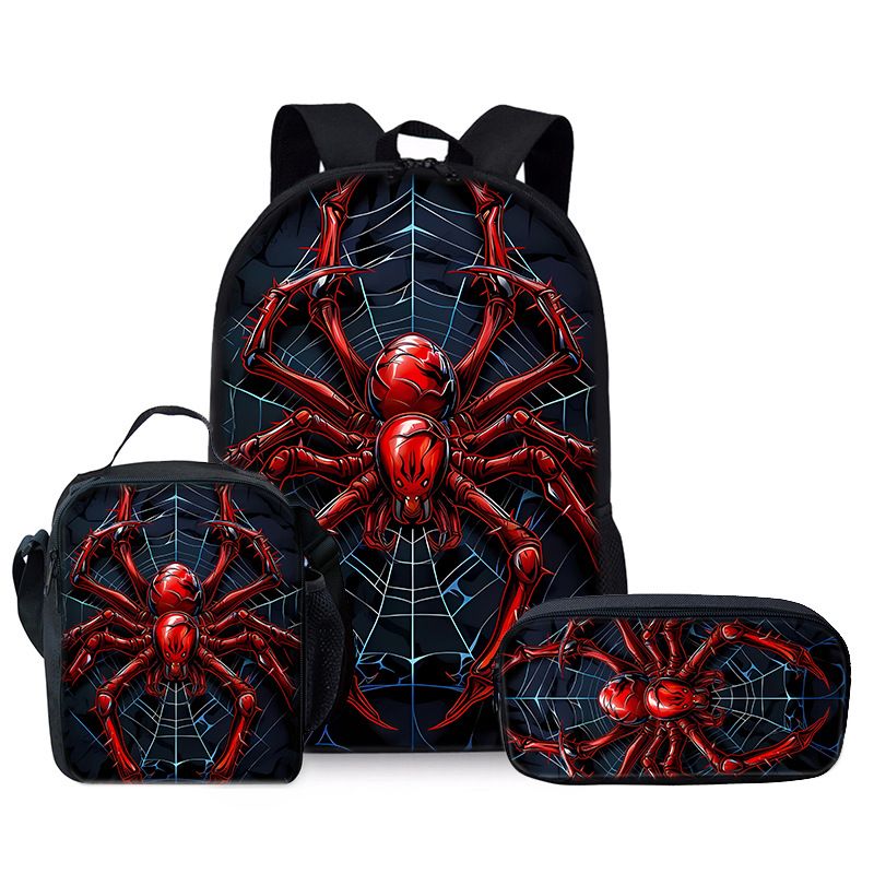 Spider backpack, student children's baby three piece set, backpack, meal bag, pencil case, fashionable, versatile, portable, cute