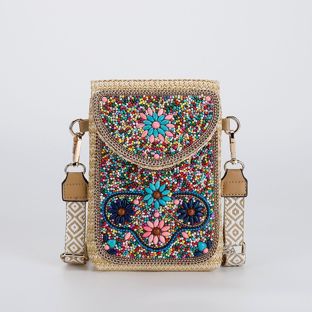 High-end straw woven crossbody bag 2024 new fashionable rice bead bag European and American braided women's one-shoulder mobile phone bag