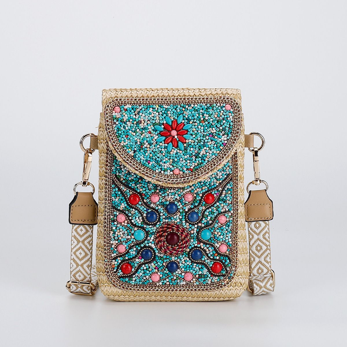 High-end straw woven crossbody bag 2024 new fashionable rice bead bag European and American braided women's one-shoulder mobile phone bag