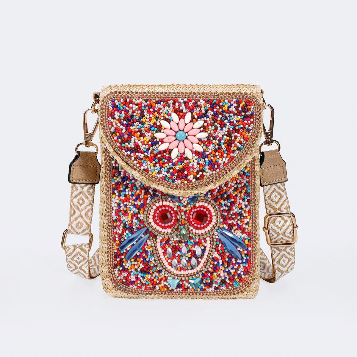 High-end straw woven crossbody bag 2024 new fashionable rice bead bag European and American braided women's one-shoulder mobile phone bag