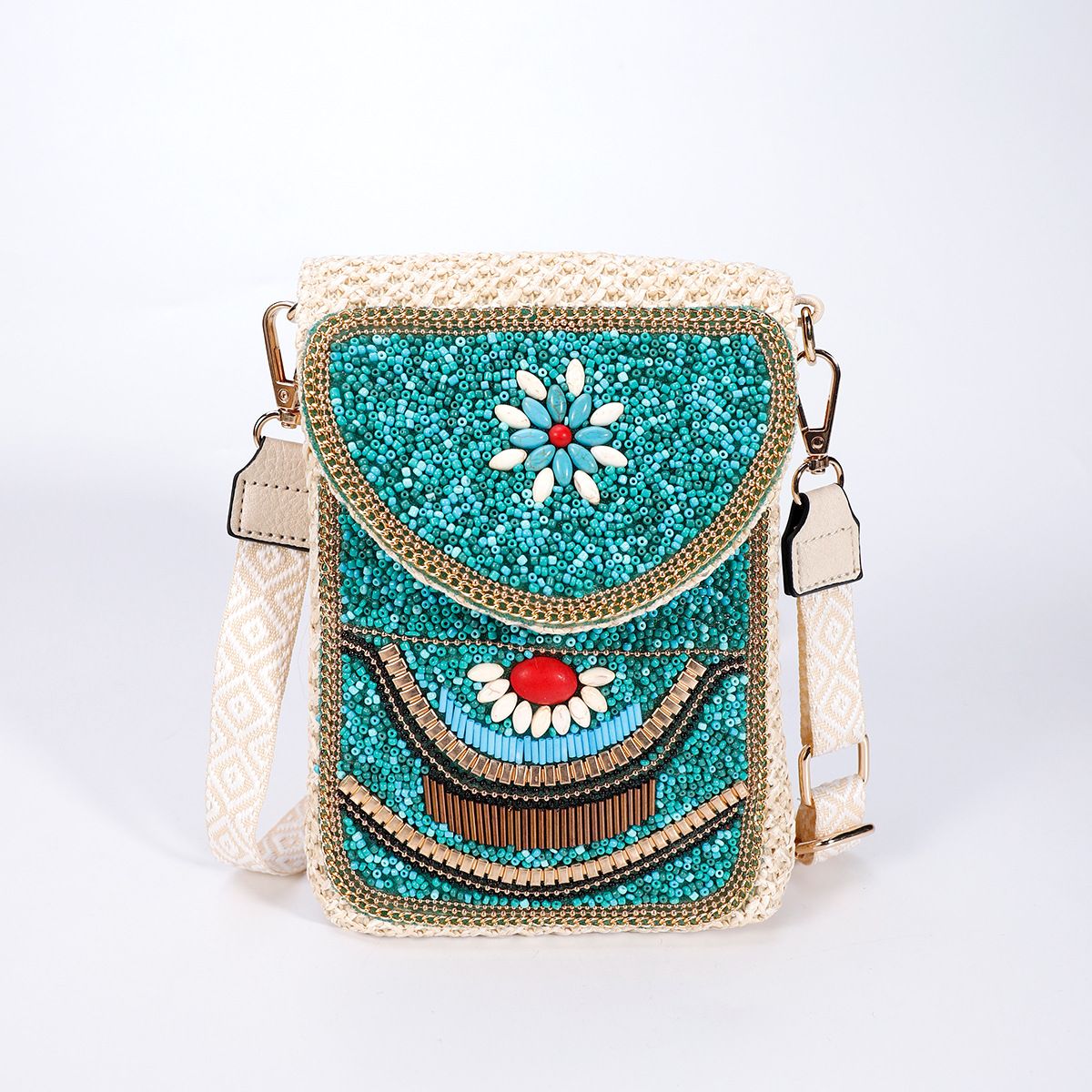 High-end straw woven crossbody bag 2024 new fashionable rice bead bag European and American braided women's one-shoulder mobile phone bag