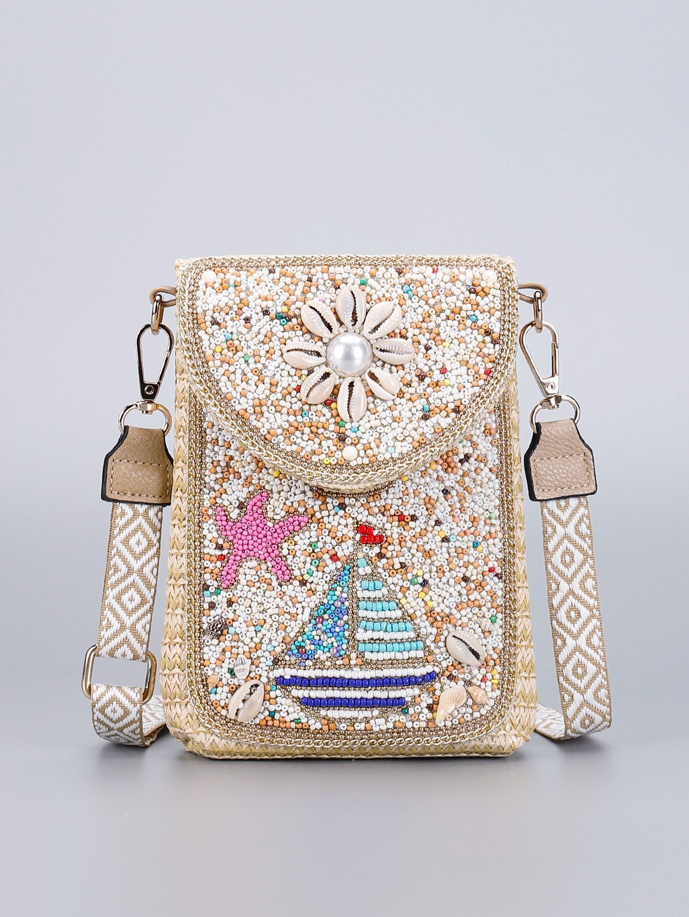 High-end straw woven crossbody bag 2024 new fashionable rice bead bag European and American braided women's one-shoulder mobile phone bag