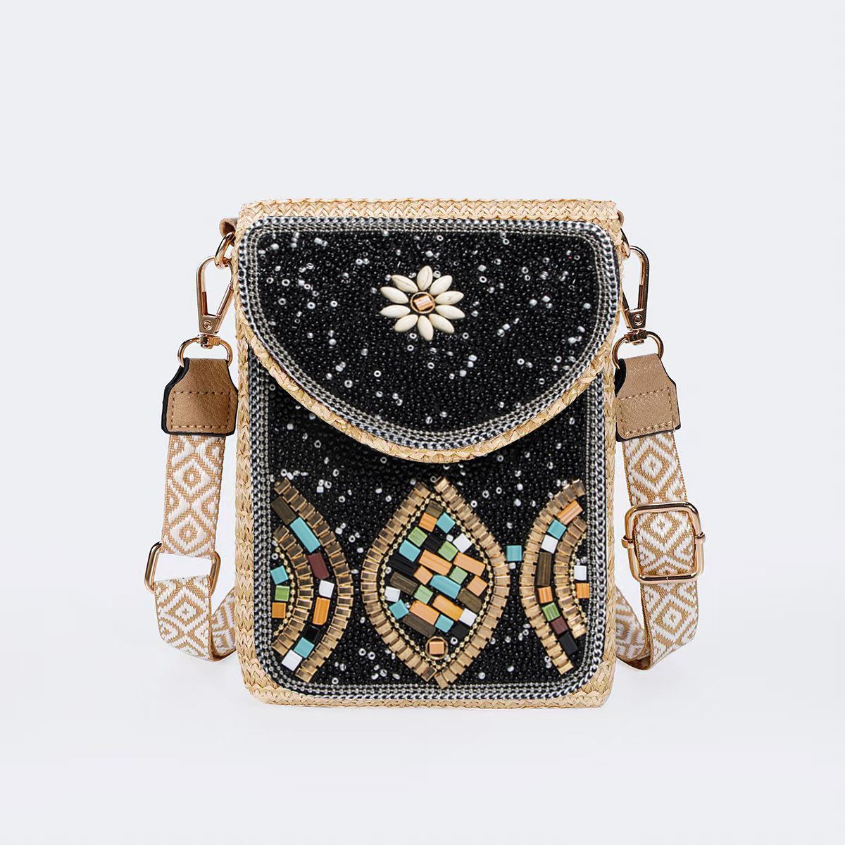 High-end straw woven crossbody bag 2024 new fashionable rice bead bag European and American braided women's one-shoulder mobile phone bag