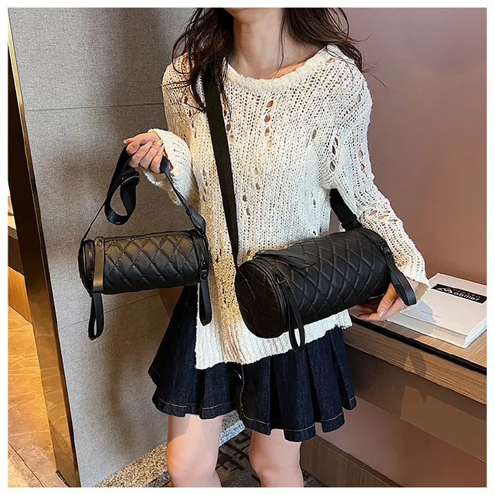 Cross border small bag, women's new diamond grid cylindrical bag, simple and high-end sense, shoulder bag, personalized broadband crossbody bucket bag