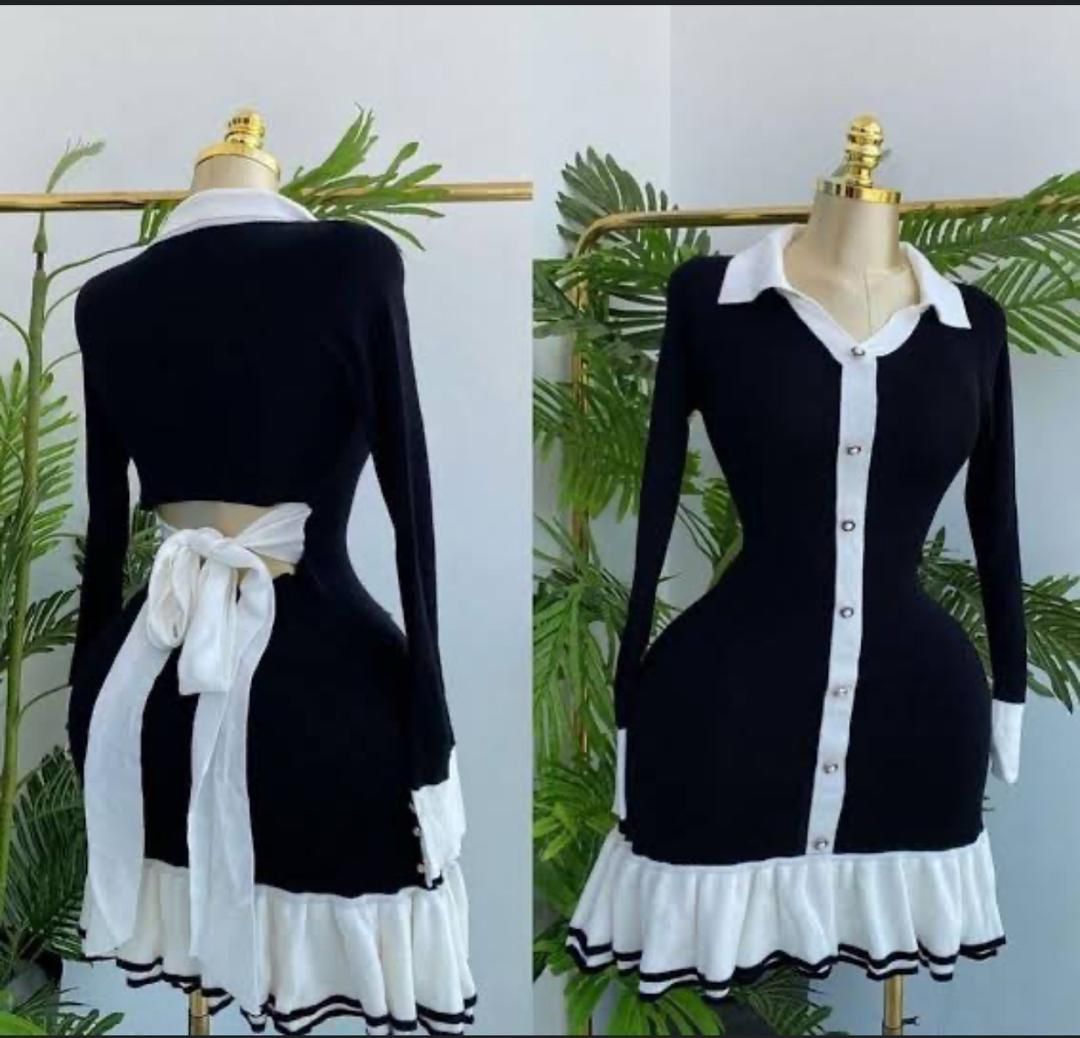 Chic Black & White Long Sleeve Button-Down Mini Dress – Ruffle Hem, Collared Maid-Inspired Fit with Waist Tie for Women