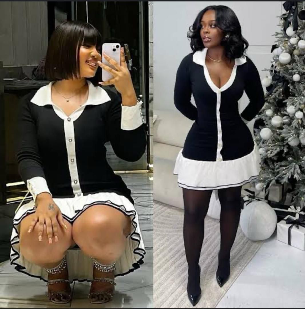 Chic Black & White Long Sleeve Button-Down Mini Dress – Ruffle Hem, Collared Maid-Inspired Fit with Waist Tie for Women