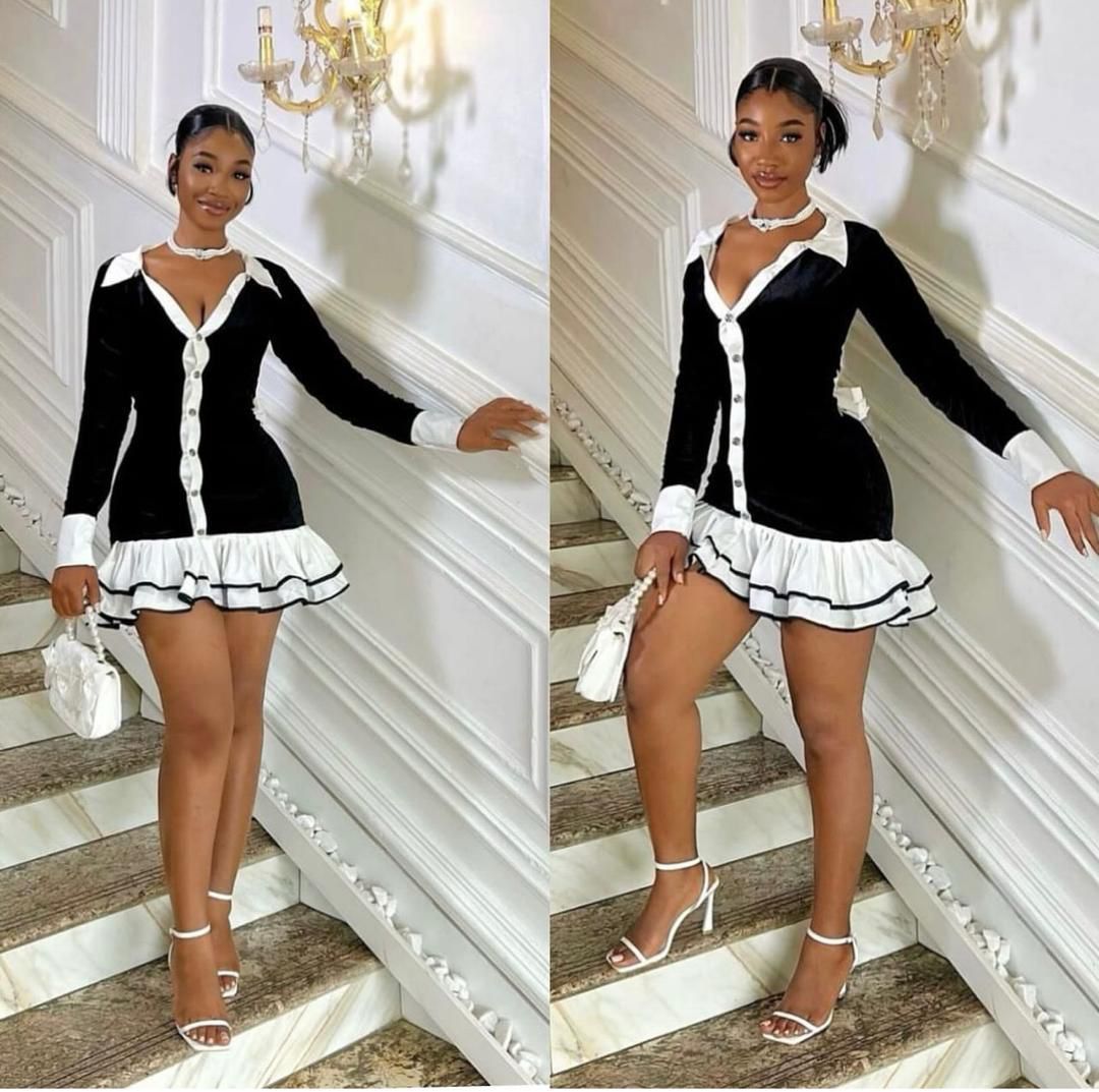 Chic Black & White Long Sleeve Button-Down Mini Dress – Ruffle Hem, Collared Maid-Inspired Fit with Waist Tie for Women