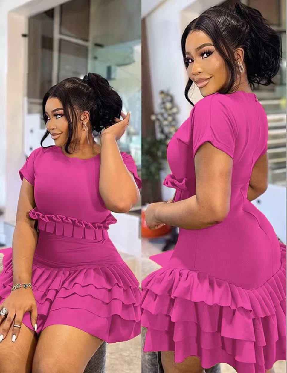 Hot  Layered Ruffle Mini Dress – Short Sleeve Bodycon Party Dress for Women