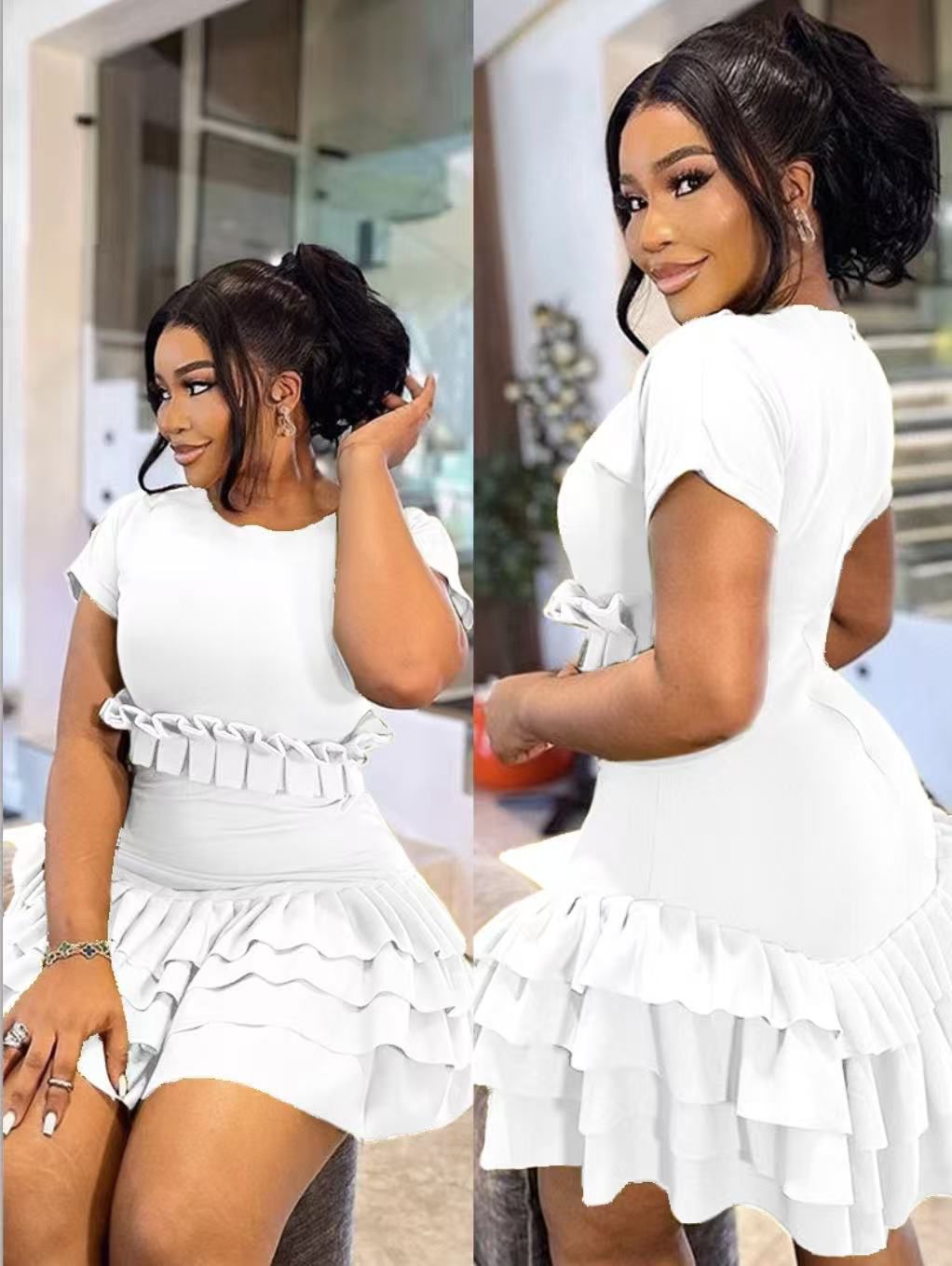 Hot  Layered Ruffle Mini Dress – Short Sleeve Bodycon Party Dress for Women