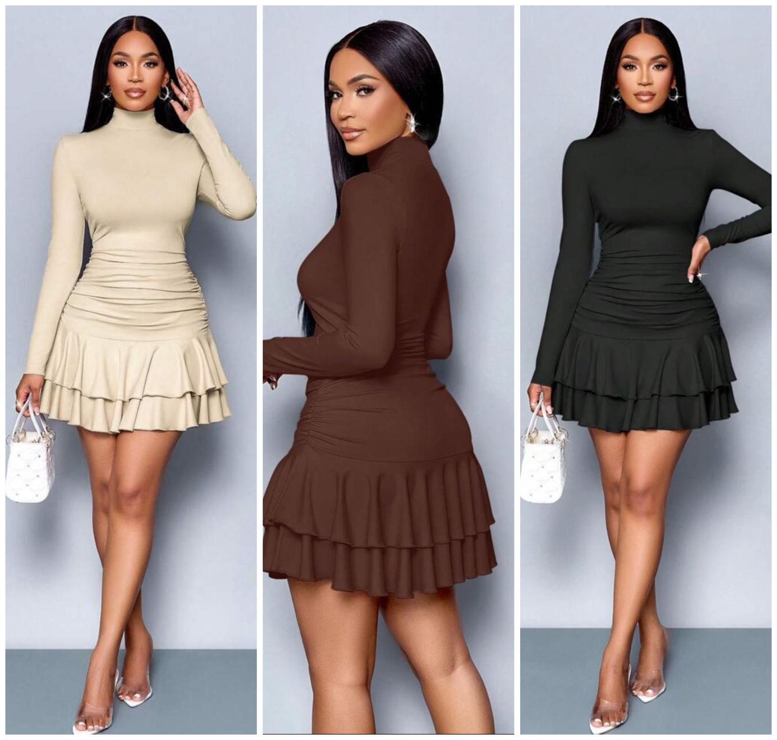 Women’s Elegant Long Sleeve Ruffle Bodycon Mini Dress perfect for party, dinner, or night out. Available in beige, brown, and black.