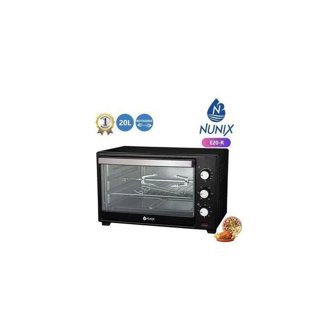 Nunix Electric Rotisserie Oven, 20L.20 litres Deluxe Nunix oven, high efficiency double hot plate, rotisserie and convection function, interior lamp for a clear view while roasting/ cooking/baking/