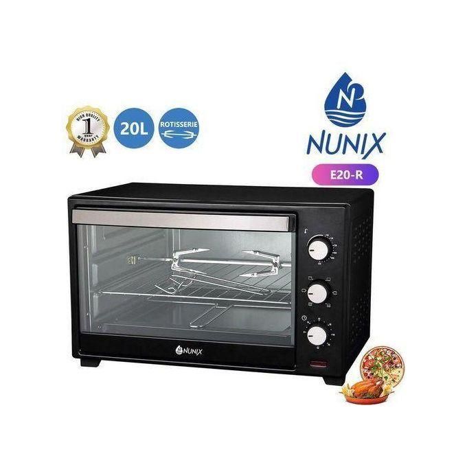 Nunix Electric Rotisserie Oven, 20L.20 litres Deluxe Nunix oven, high efficiency double hot plate, rotisserie and convection function, interior lamp for a clear view while roasting/ cooking/baking/