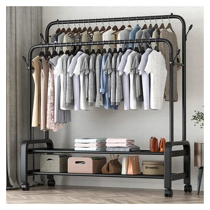 Double Pole Clothing Rack With Lower Storage Shelf for Boxes /ShoesDouble Pole Clothing Rack With Lower Storage Shelf for Boxes /Shoes