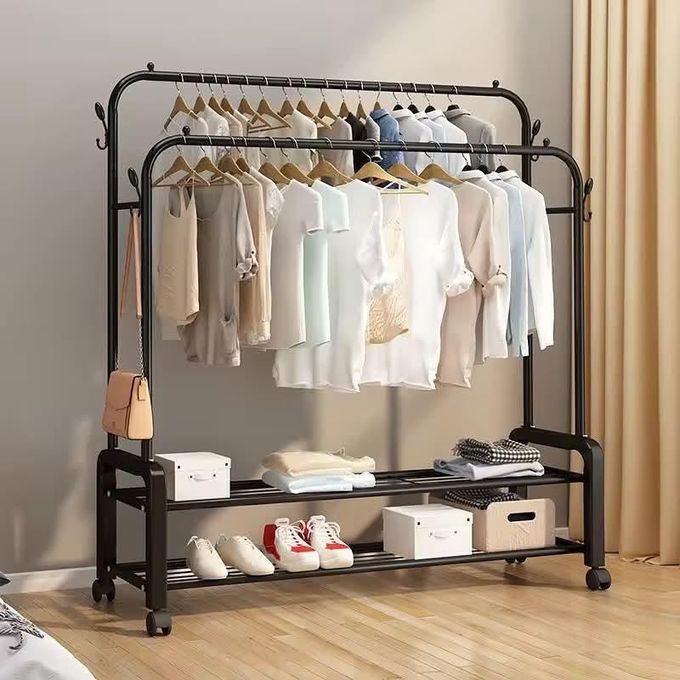 Double Pole Clothing Rack With Lower Storage Shelf for Boxes /ShoesDouble Pole Clothing Rack With Lower Storage Shelf for Boxes /Shoes