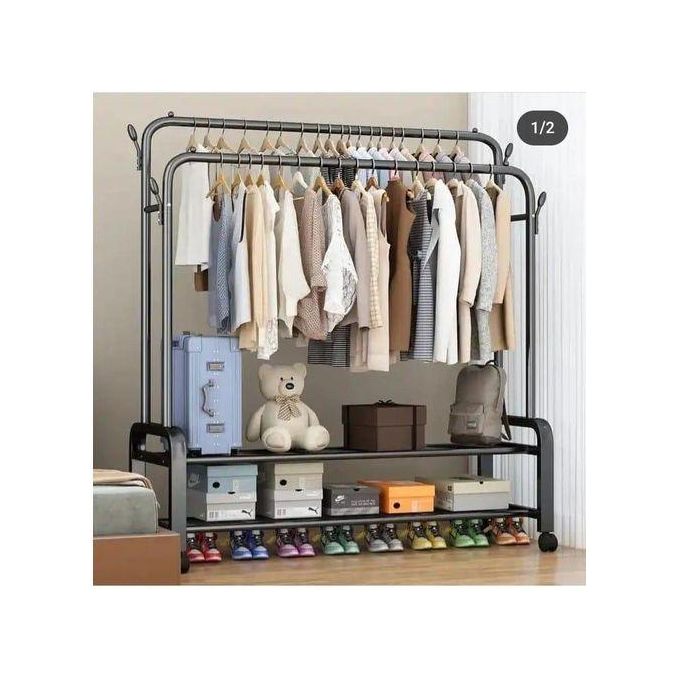 Double Pole Clothing Rack With Lower Storage Shelf for Boxes /ShoesDouble Pole Clothing Rack With Lower Storage Shelf for Boxes /Shoes