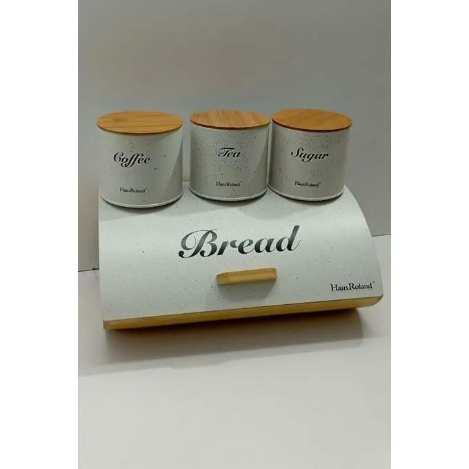 BREAD STORAGE BIN WOODEN SUPPORT with 3 pcs TEA COFFEE AND SUGAR ALLOY CANISTERSNew * bread storage bin wooden support with 3pcs canisters

material :alloy coloured 

colours: white granite and black