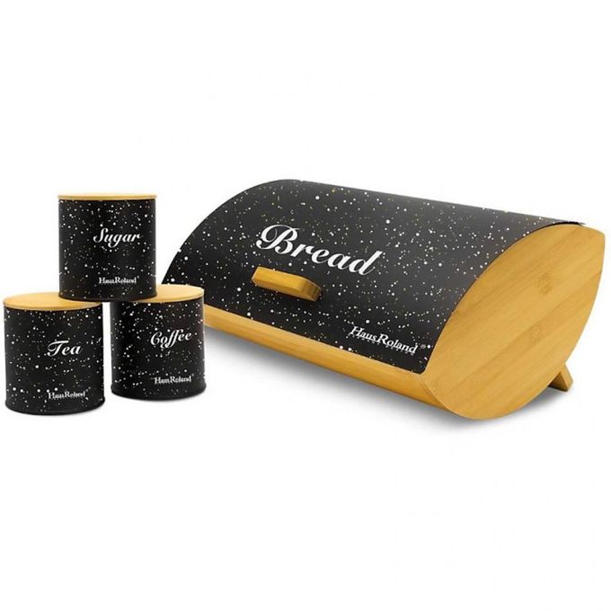 BREAD STORAGE BIN WOODEN SUPPORT with 3 pcs TEA COFFEE AND SUGAR ALLOY CANISTERSNew * bread storage bin wooden support with 3pcs canisters

material :alloy coloured 

colours: white granite and black