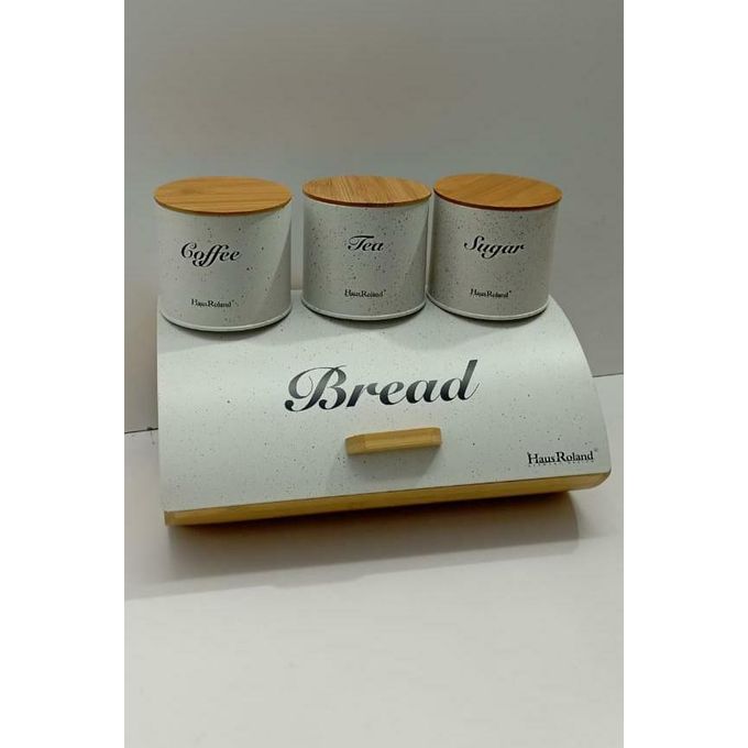 BREAD STORAGE BIN WOODEN SUPPORT with 3 pcs TEA COFFEE AND SUGAR ALLOY CANISTERSNew * bread storage bin wooden support with 3pcs canisters

material :alloy coloured 

colours: white granite and black