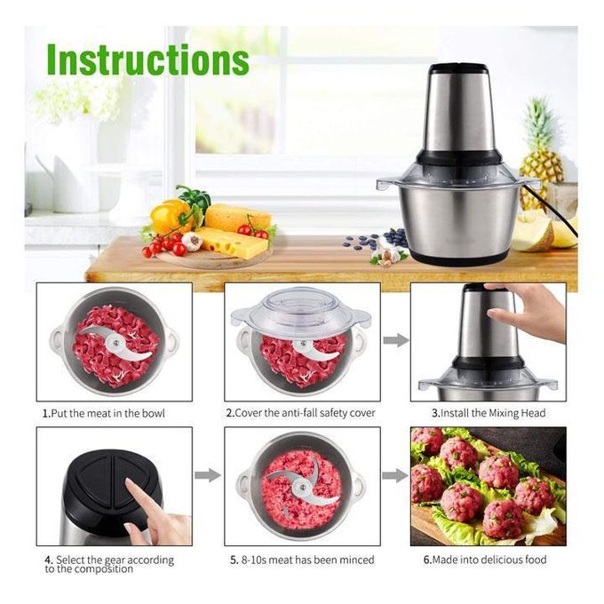 2L Multifunctional electric food chopper for grains, veges, meat grinder etc-This is a CHOPPER, it crushes the food into mud, chops the food but does not break into pieces.