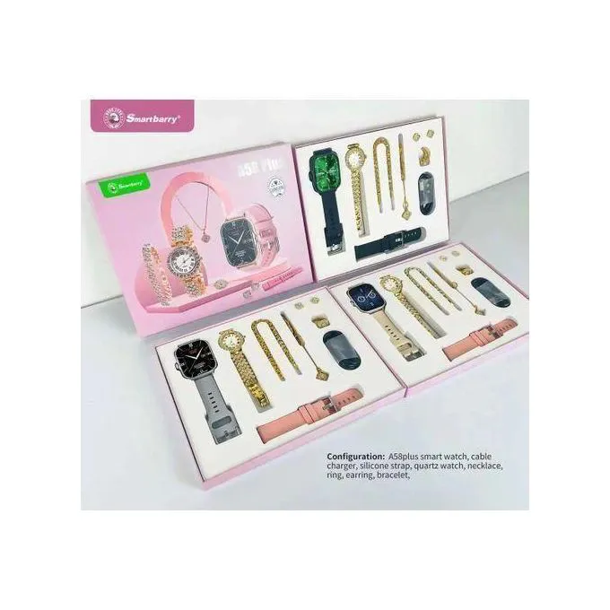 SmartBerry 7 IN 1 Smart Watch A58 Plus with - Necklace -Earrings -Bracelet -Ring Luxury Gift Box For WomenBlood pressure measurement, blood oxygen test, sleep monitoring, heart rate monitoring, body t