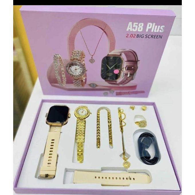 SmartBerry 7 IN 1 Smart Watch A58 Plus with - Necklace -Earrings -Bracelet -Ring Luxury Gift Box For WomenBlood pressure measurement, blood oxygen test, sleep monitoring, heart rate monitoring, body t