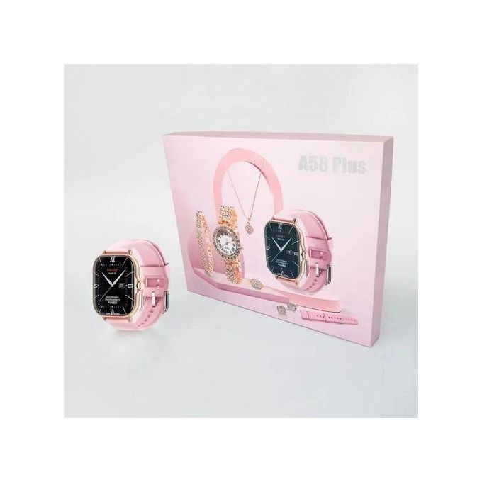 SmartBerry 7 IN 1 Smart Watch A58 Plus with - Necklace -Earrings -Bracelet -Ring Luxury Gift Box For WomenBlood pressure measurement, blood oxygen test, sleep monitoring, heart rate monitoring, body t
