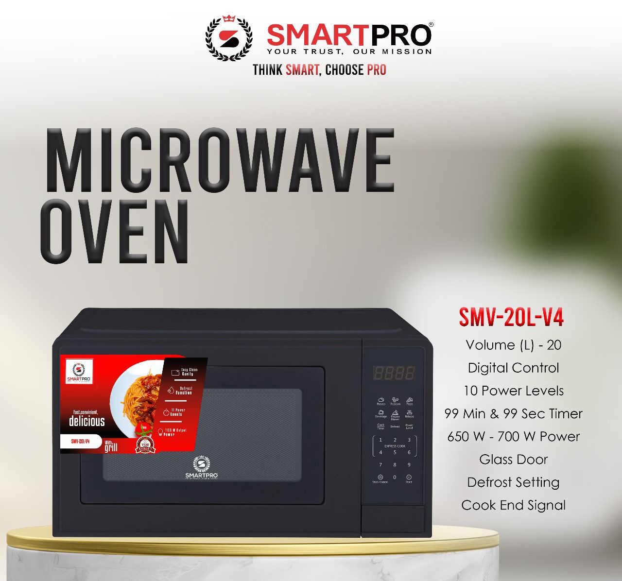 Smart Pro 20L Digital Microwave Oven (SMV-20L-V4 2), BlackWith its digital control panel, the SmartPro SMV-20L-V4 allows you to easily select cooking settings and adjust time or power levels.