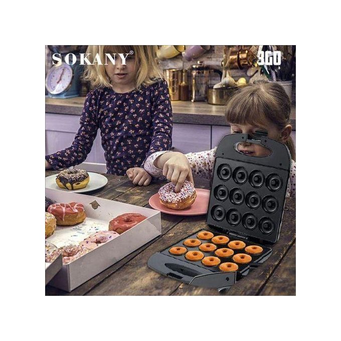 Sokany 12-Holed Home Donuts Making MachineNon-stick coated heating surfaceWind-up power cordThermostatically controlledHeating element220-240Vergonomically designed7 mouth watering donuts in minutes