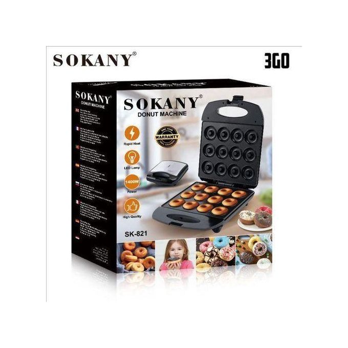 Sokany 12-Holed Home Donuts Making MachineNon-stick coated heating surfaceWind-up power cordThermostatically controlledHeating element220-240Vergonomically designed7 mouth watering donuts in minutes
