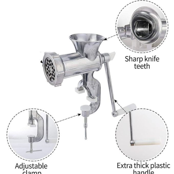 Manual Meat Mincer And Grinder - Aluminum AlloyQuickly & easily grind, mince and crush meat, vegetables, beans, garlic, coconut, nuts etc. Can also be used to finely mince or puree vegetables for baby